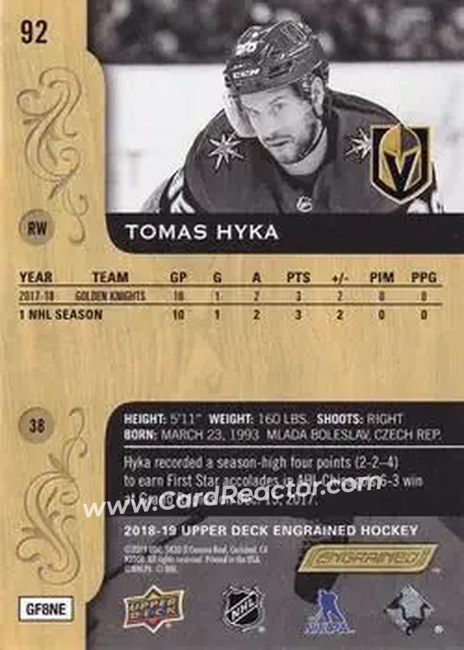 2018-19 Upper Deck Engrained #92 - Tomas Hyka - Vegas Golden Knights - Back