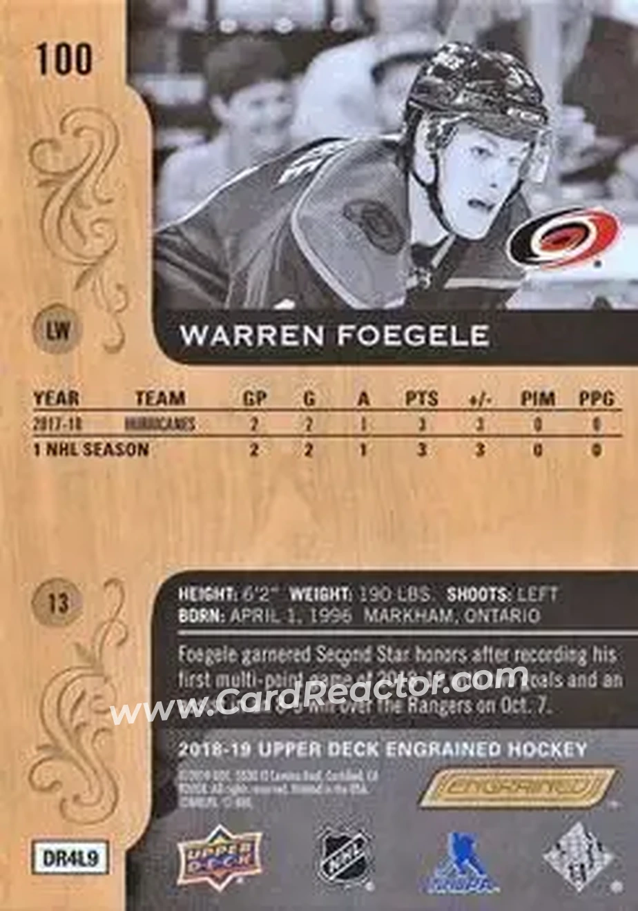 2018-19 Upper Deck Engrained #100 - Warren Foegele - Carolina Hurricanes - Back