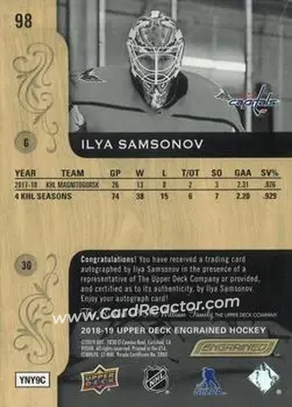 2018-19 Upper Deck Engrained - Autographs #98 - Ilya Samsonov - Washington Capitals - Back