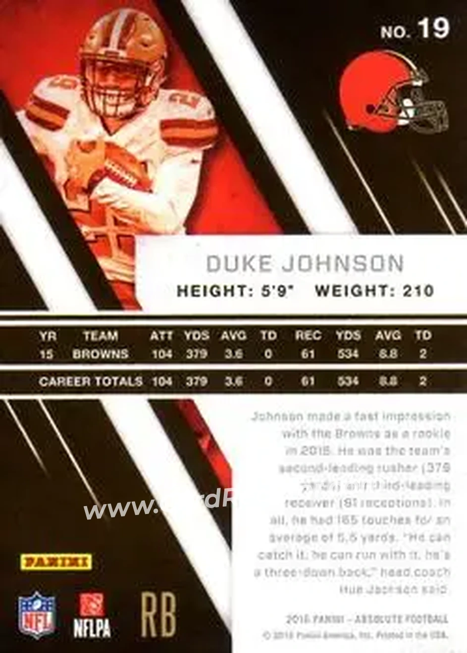 2016 Panini Absolute #19 - Duke Johnson Jr. - Cleveland Browns - Back