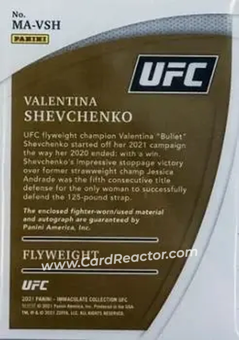 2021 Panini Immaculate Collection UFC - Memorabilia Autographs #MA-VSH - Valentina Shevchenko - Back