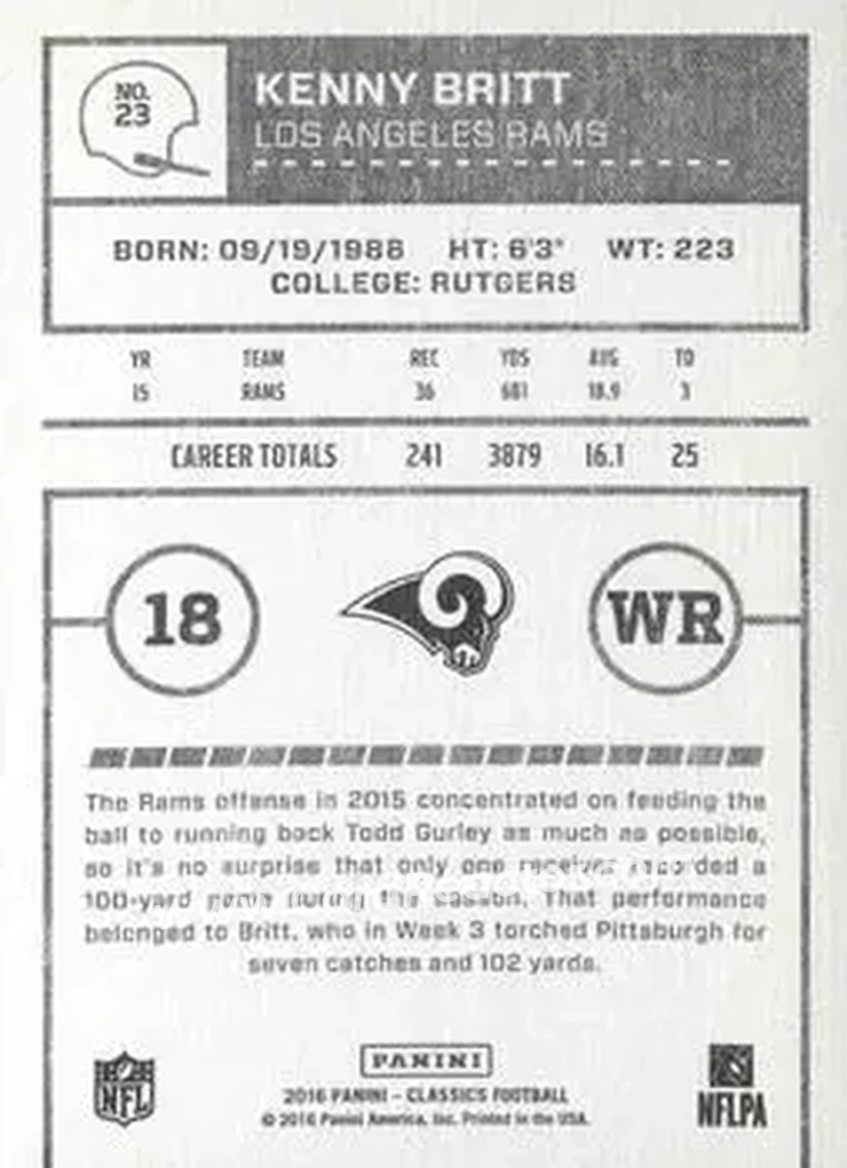 2016 Panini Classics #23 - Kenny Britt - Los Angeles Rams - Back
