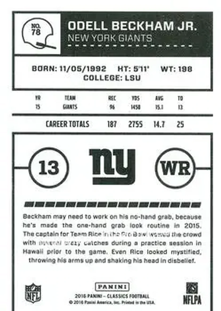 2016 Panini Classics #78b - Odell Beckham Jr. - New York Giants - Back