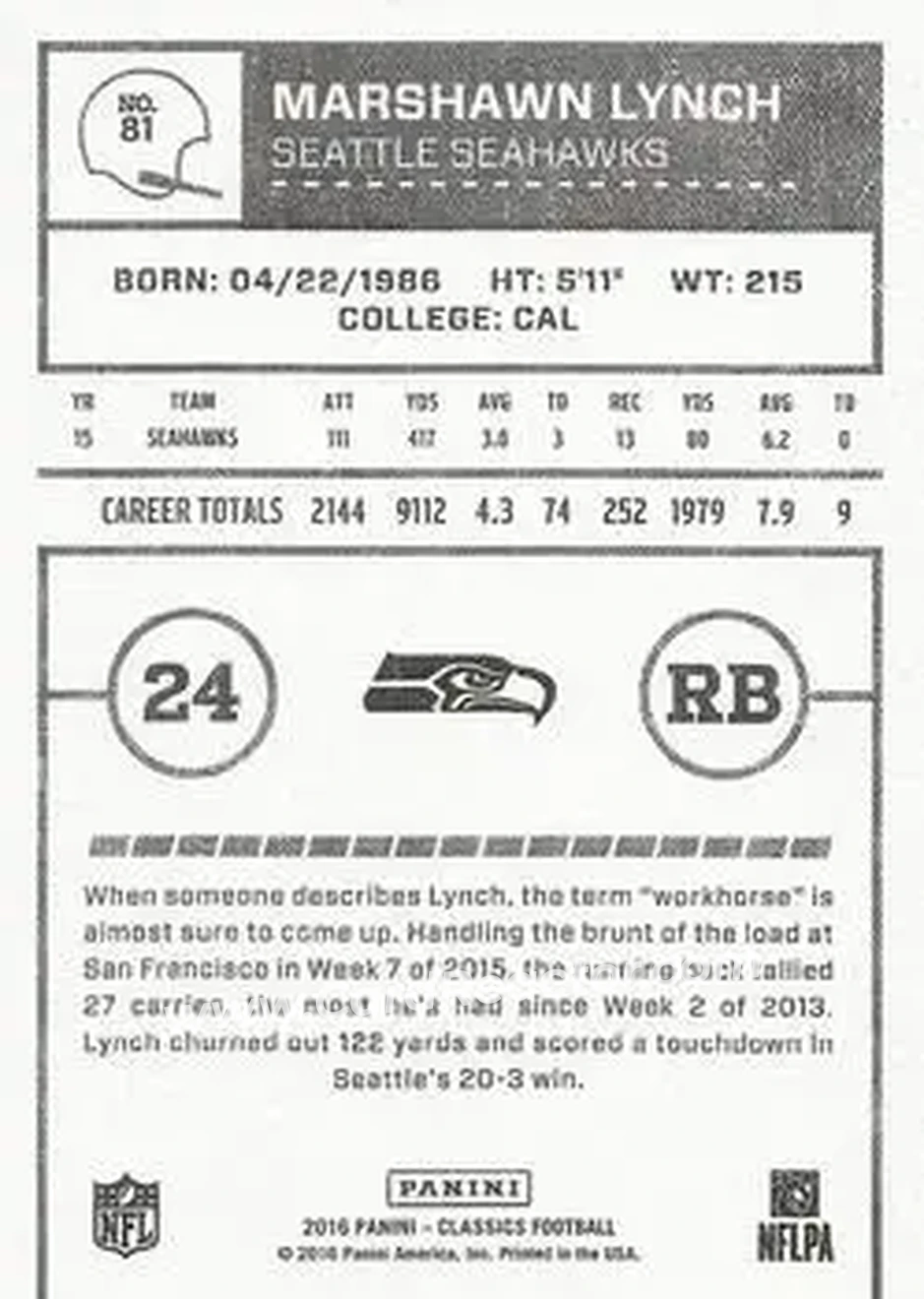 2016 Panini Classics #81 - Marshawn Lynch - Seattle Seahawks - Back