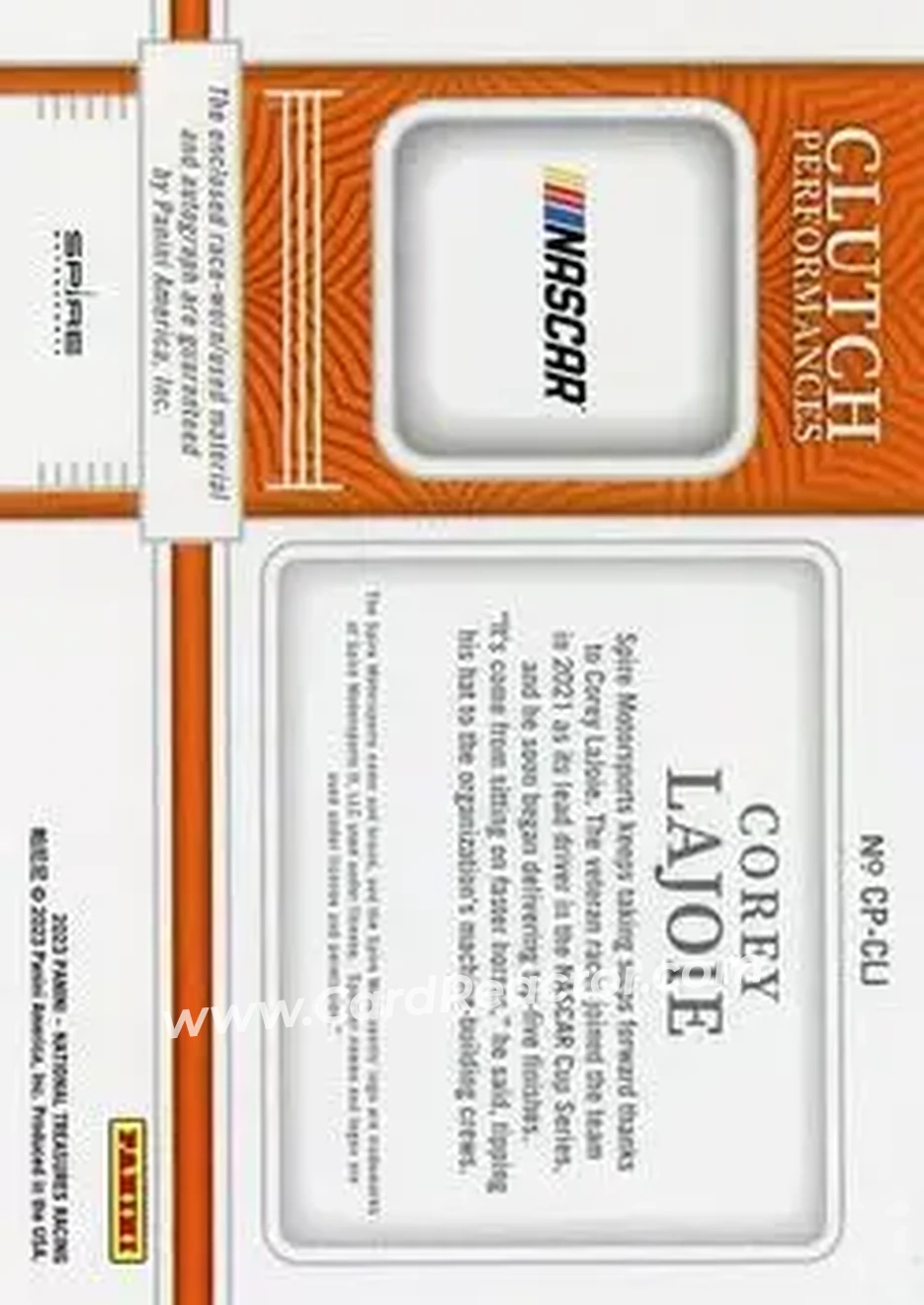 2023 Panini National Treasures - Clutch Performances Holo Silver #CP-CLJ - Corey LaJoie - Spire Motorsports - Back 2023 Panini National Treasures - Clutch Performances Holo Silver #CP-CLJ - Corey LaJoie - Spire Motorsports - Back