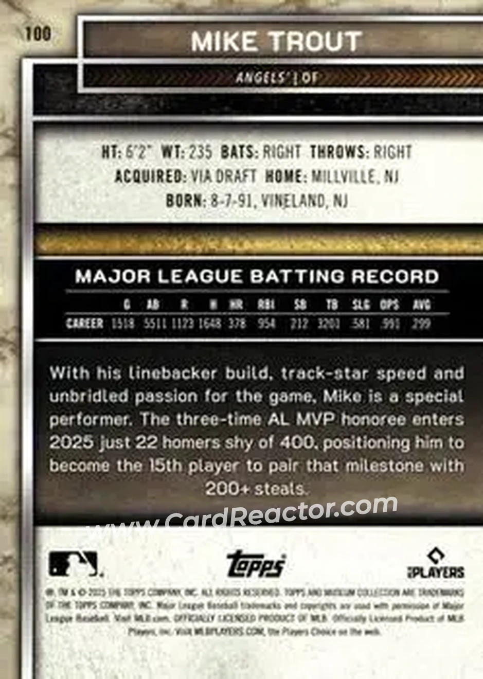 2025 Topps Museum Collection - Gold #100 - Mike Trout - Los Angeles Angels - Back