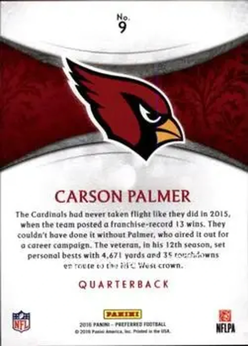 2016 Panini Crown Royale #9 - Carson Palmer - Arizona Cardinals - Back