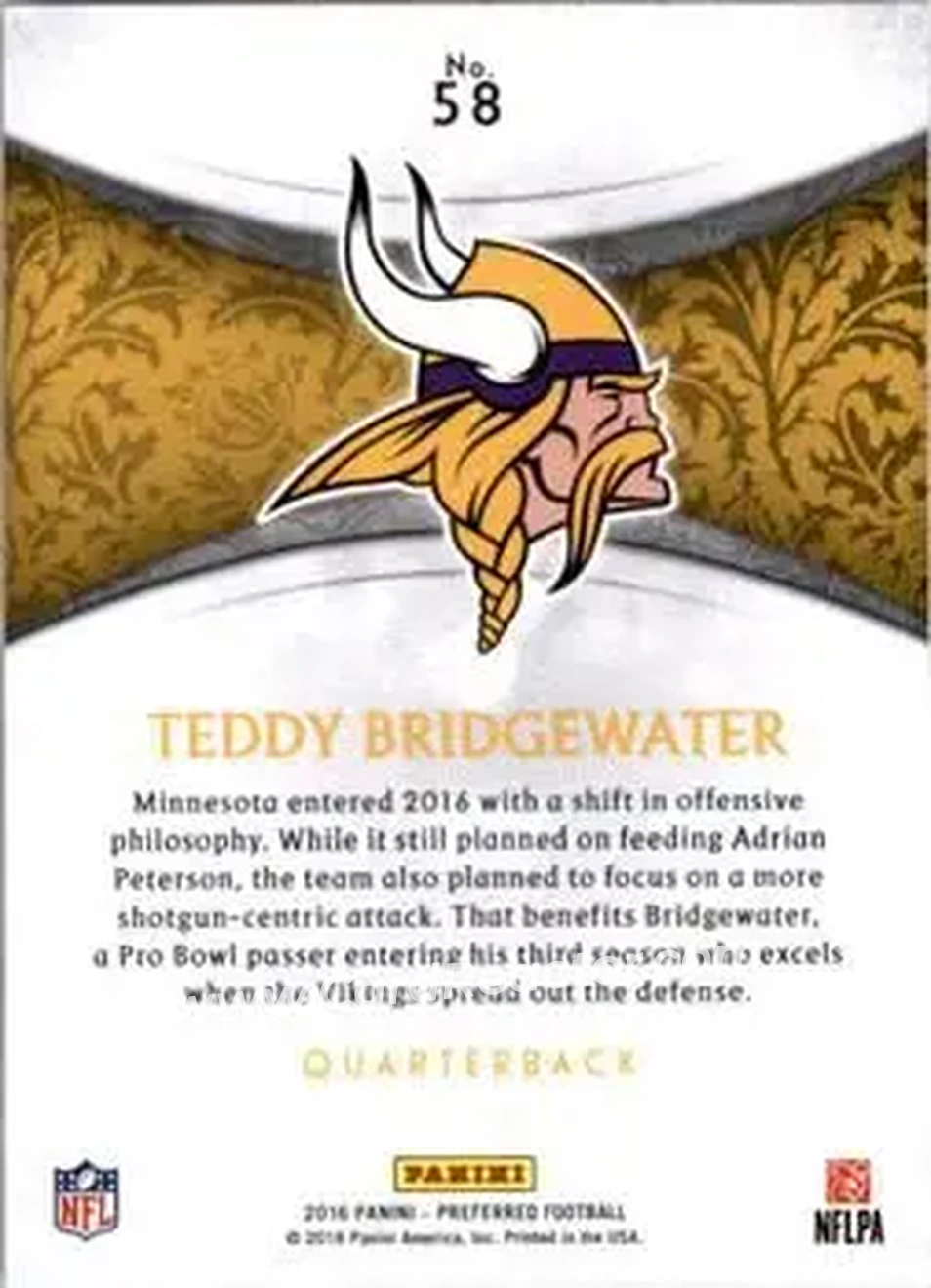 2016 Panini Crown Royale #58 - Teddy Bridgewater - Minnesota Vikings - Back
