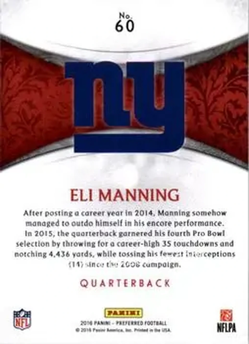 2016 Panini Crown Royale #60 - Eli Manning - New York Giants - Back
