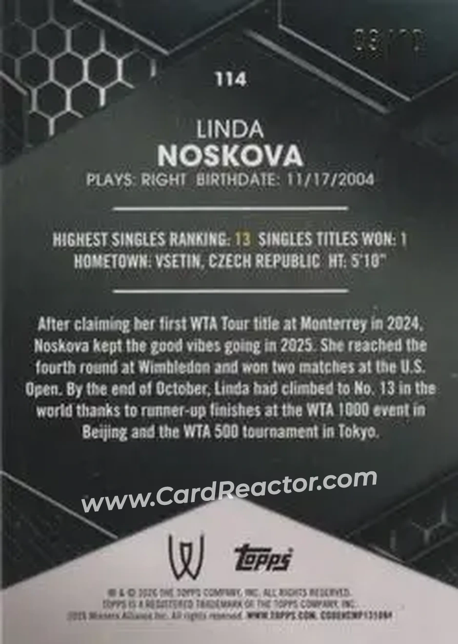2026 Topps Graphite - White Refractor #114 - Linda Nosková - Back