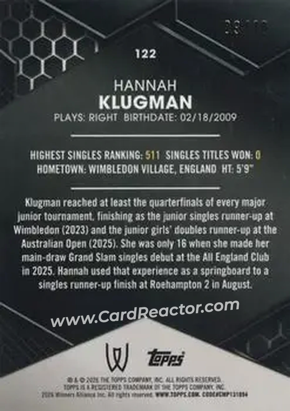 2026 Topps Graphite - White Refractor #122 - Hannah Klugman - Back
