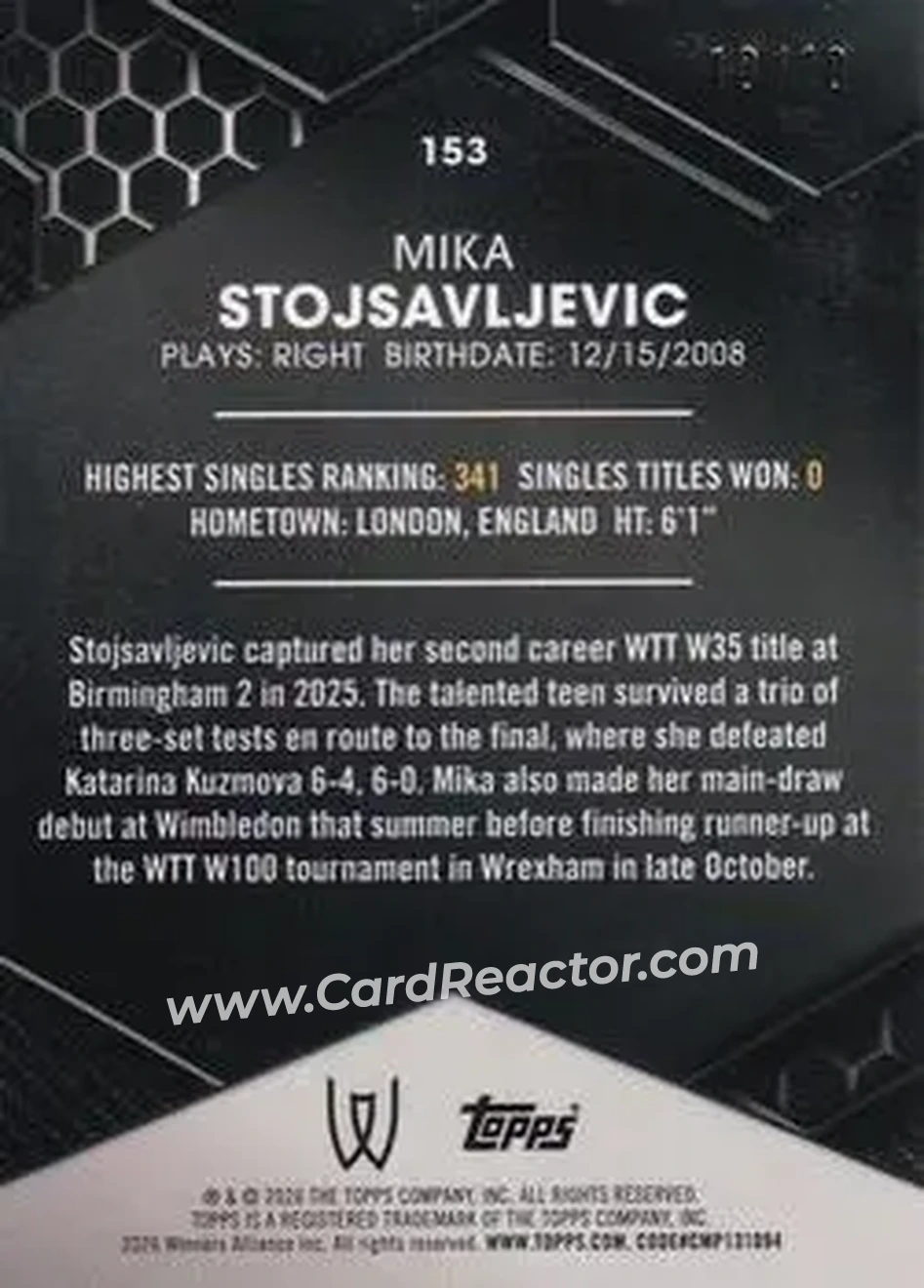 2026 Topps Graphite - White Refractor #153 - Mika Stojsavljevic - Back