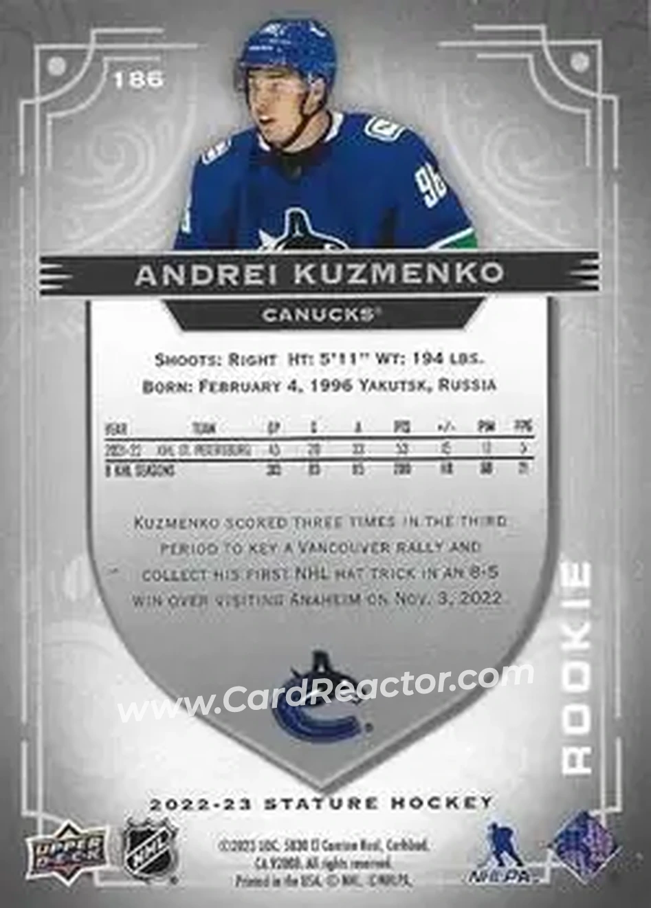 2022-23 Upper Deck Stature #186 - Andrei Kuzmenko - Vancouver Canucks - Back 2022-23 Upper Deck Stature #186 - Andrei Kuzmenko - Vancouver Canucks - Back
