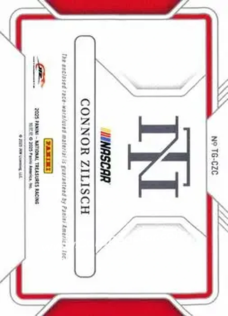 2025 Panini National Treasures - Track Gear Blue #TG-CZC - Connor Zilisch - JR Motorsports - Back 2025 Panini National Treasures - Track Gear Blue #TG-CZC - Connor Zilisch - JR Motorsports - Back