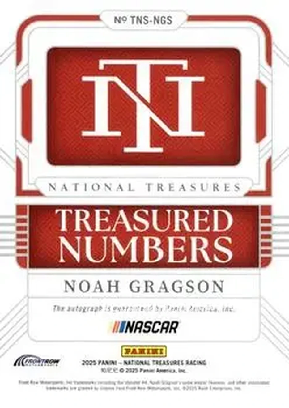2025 Panini National Treasures - Treasured Numbers Signatures #TNS-NGS - Noah Gragson - Front Row Motorsports - Back