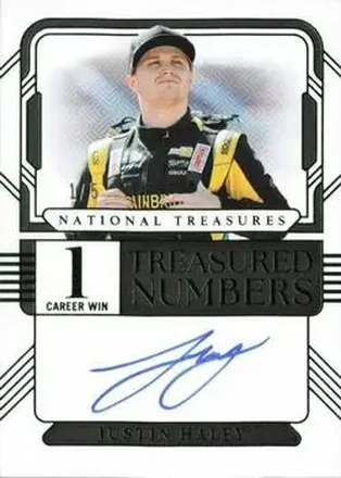 2025 Panini National Treasures - Treasured Numbers Signatures Green #TNS-JHY - Justin Haley - Spire Motorsports