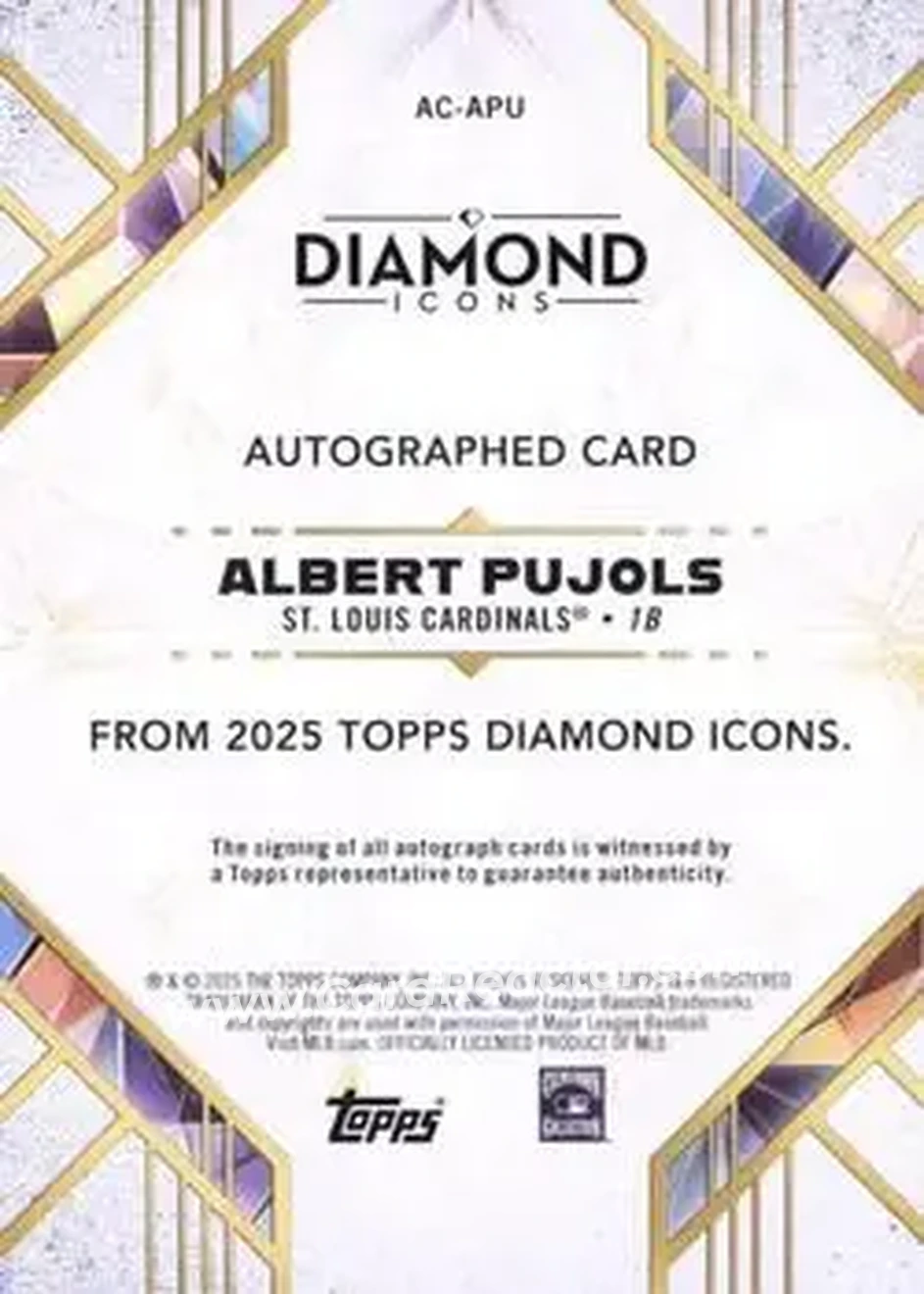 2025 Topps Diamond Icons - Base Autographs Blue #AC-APU - Albert Pujols - St. Louis Cardinals - Back