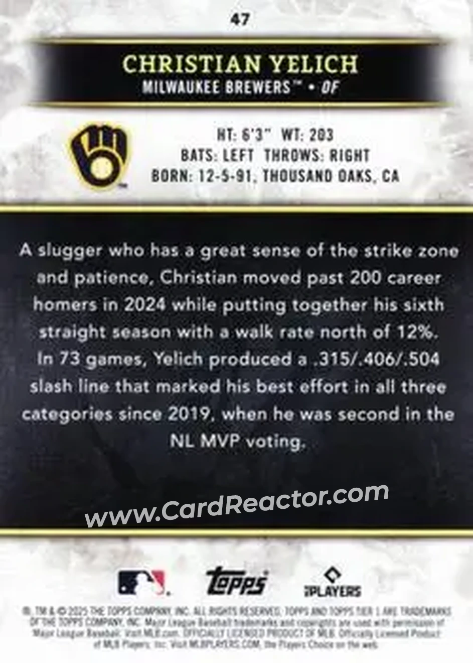 2025 Topps Tier One - Silver Foil #47 - Christian Yelich - Milwaukee Brewers - Back 2025 Topps Tier One - Silver Foil #47 - Christian Yelich - Milwaukee Brewers - Back