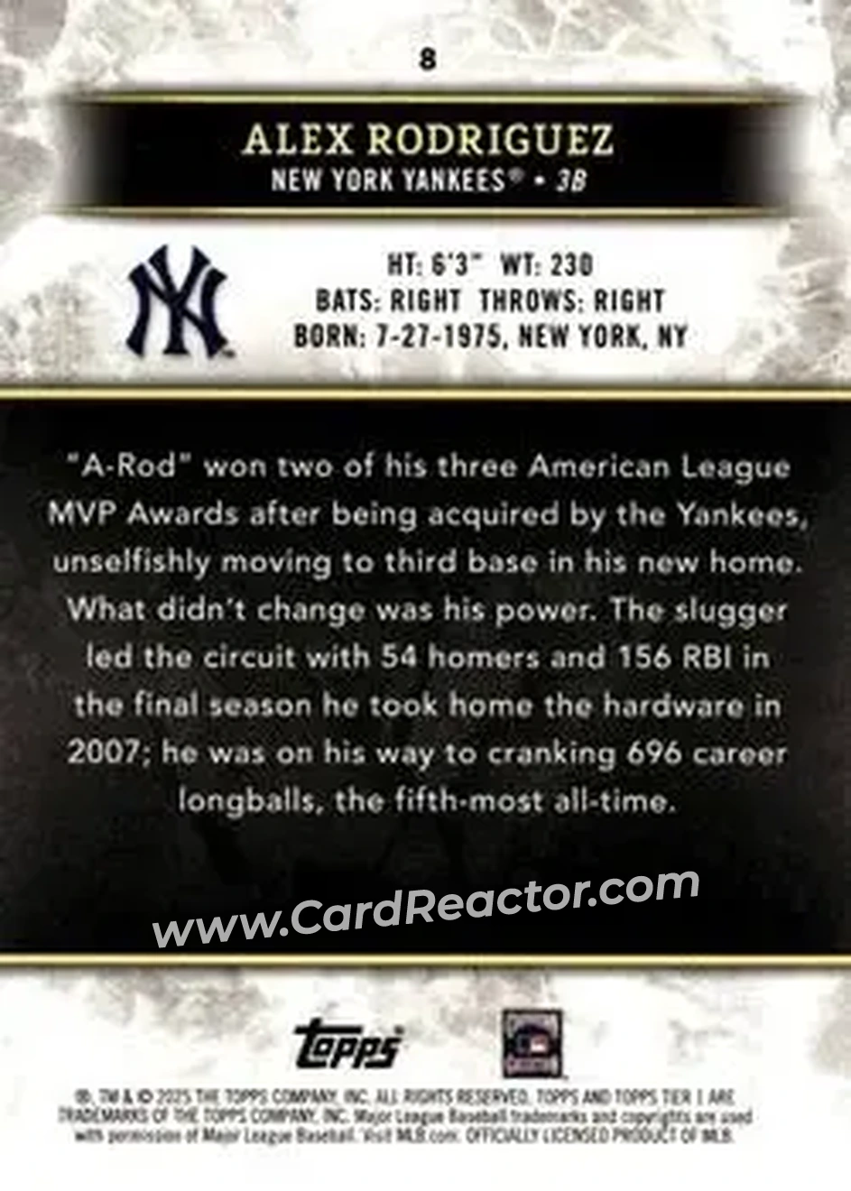 2025 Topps Tier One - Purple Foil #8 - Alex Rodriguez - New York Yankees - Back
