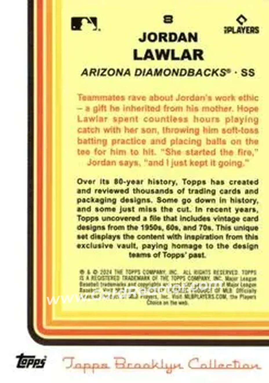 2024 Topps Brooklyn Collection - Chartreuse #8 - Jordan Lawlar - Arizona Diamondbacks - Back