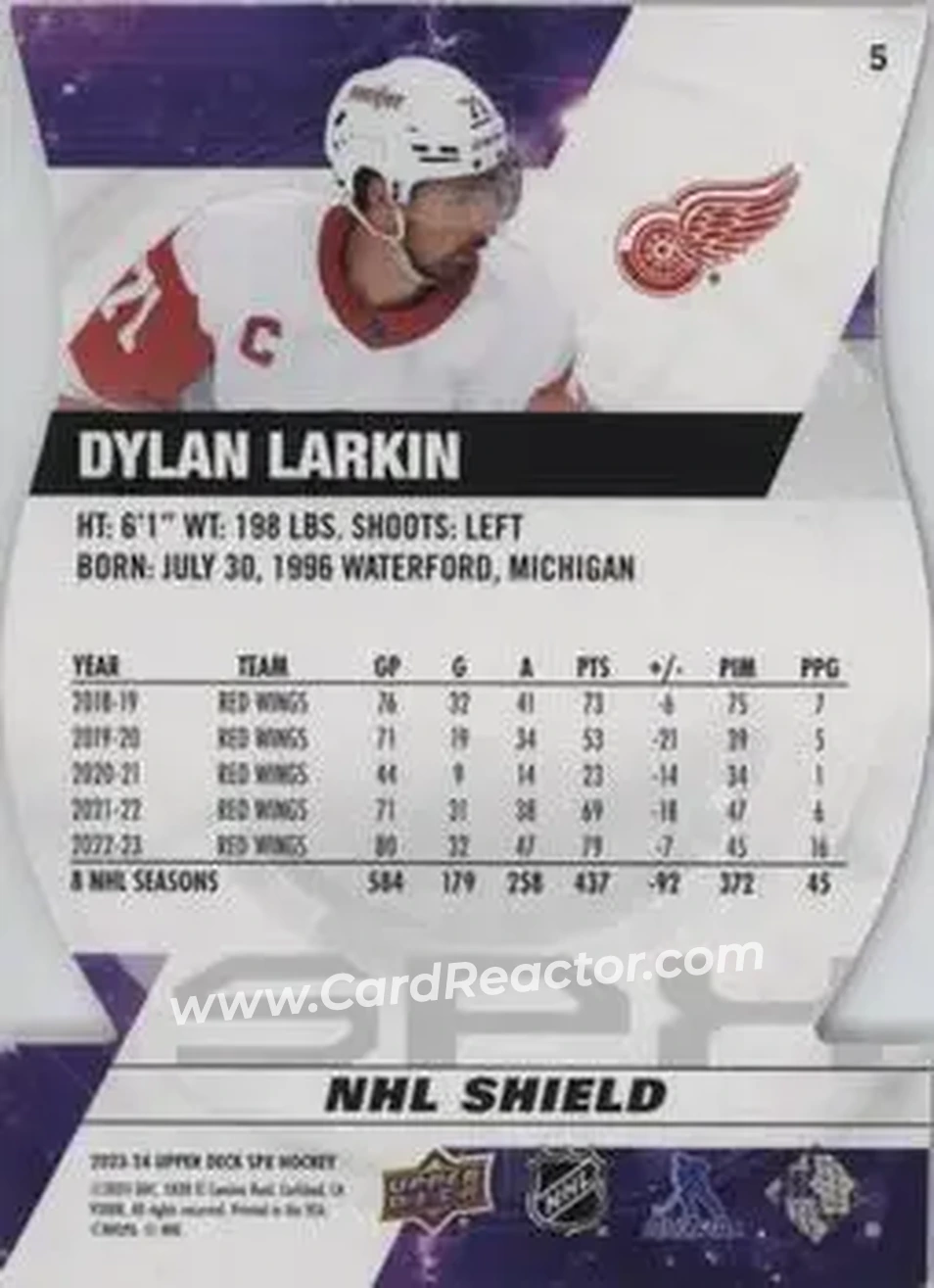 2023-24 SPx - NHL Shield Hologram Die Cut #5 - Dylan Larkin - Detroit Red Wings - Back