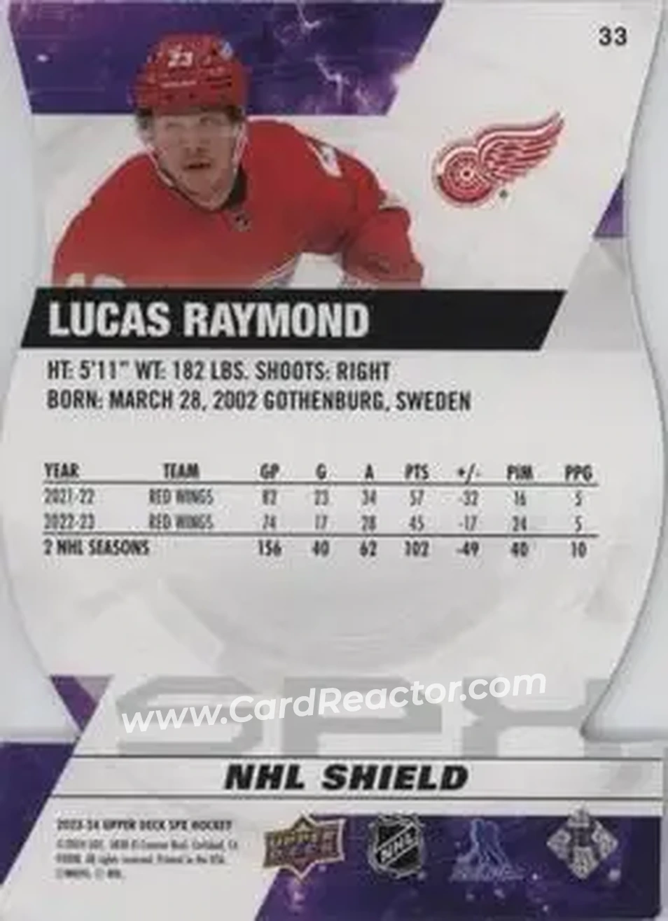 2023-24 SPx - NHL Shield Hologram Die Cut #33 - Lucas Raymond - Detroit Red Wings - Back