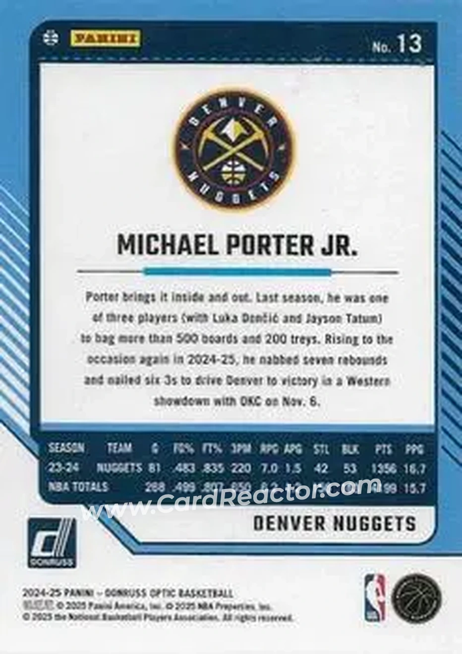2024-25 Donruss Optic #13 - Michael Porter Jr. - Denver Nuggets - Back 2024-25 Donruss Optic #13 - Michael Porter Jr. - Denver Nuggets - Back