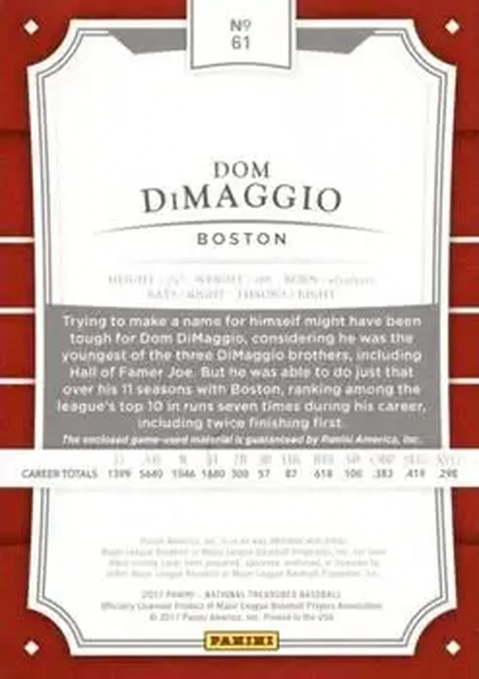 2017 Panini National Treasures - Gold #61 - Dom DiMaggio - Boston Red Sox - Back