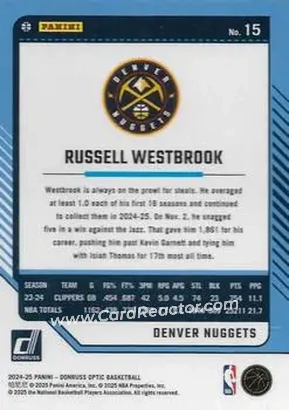 2024-25 Donruss Optic #15 - Russell Westbrook - Denver Nuggets - Back