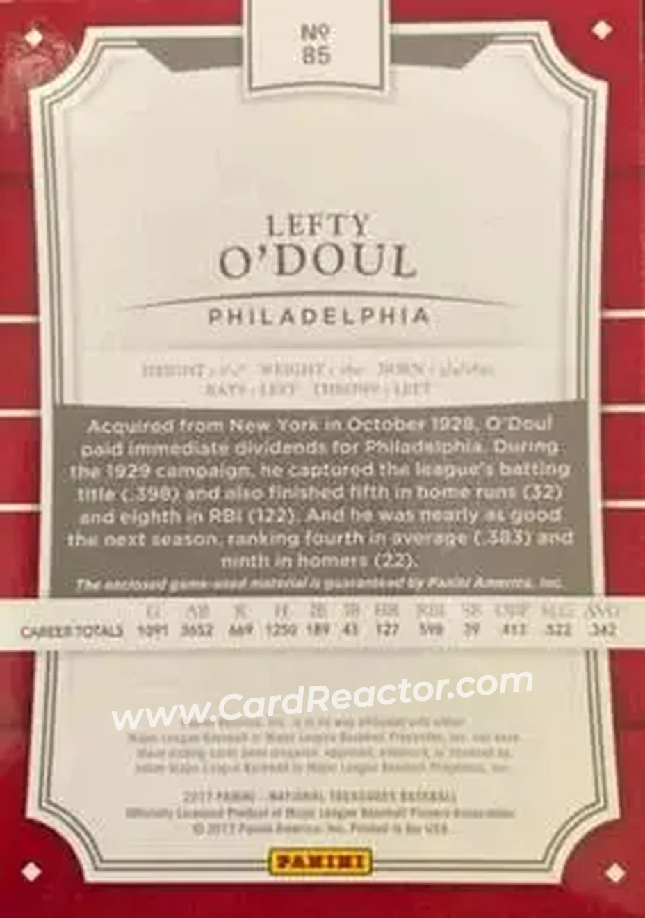 2017 Panini National Treasures - Gold #85 - Lefty O'Doul - Philadelphia Phillies - Back