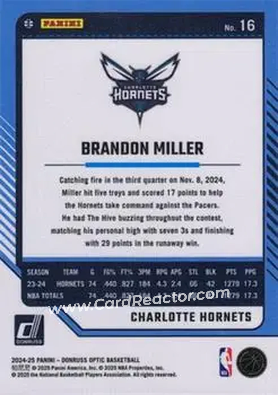 2024-25 Donruss Optic #16 - Brandon Miller - Charlotte Hornets - Back