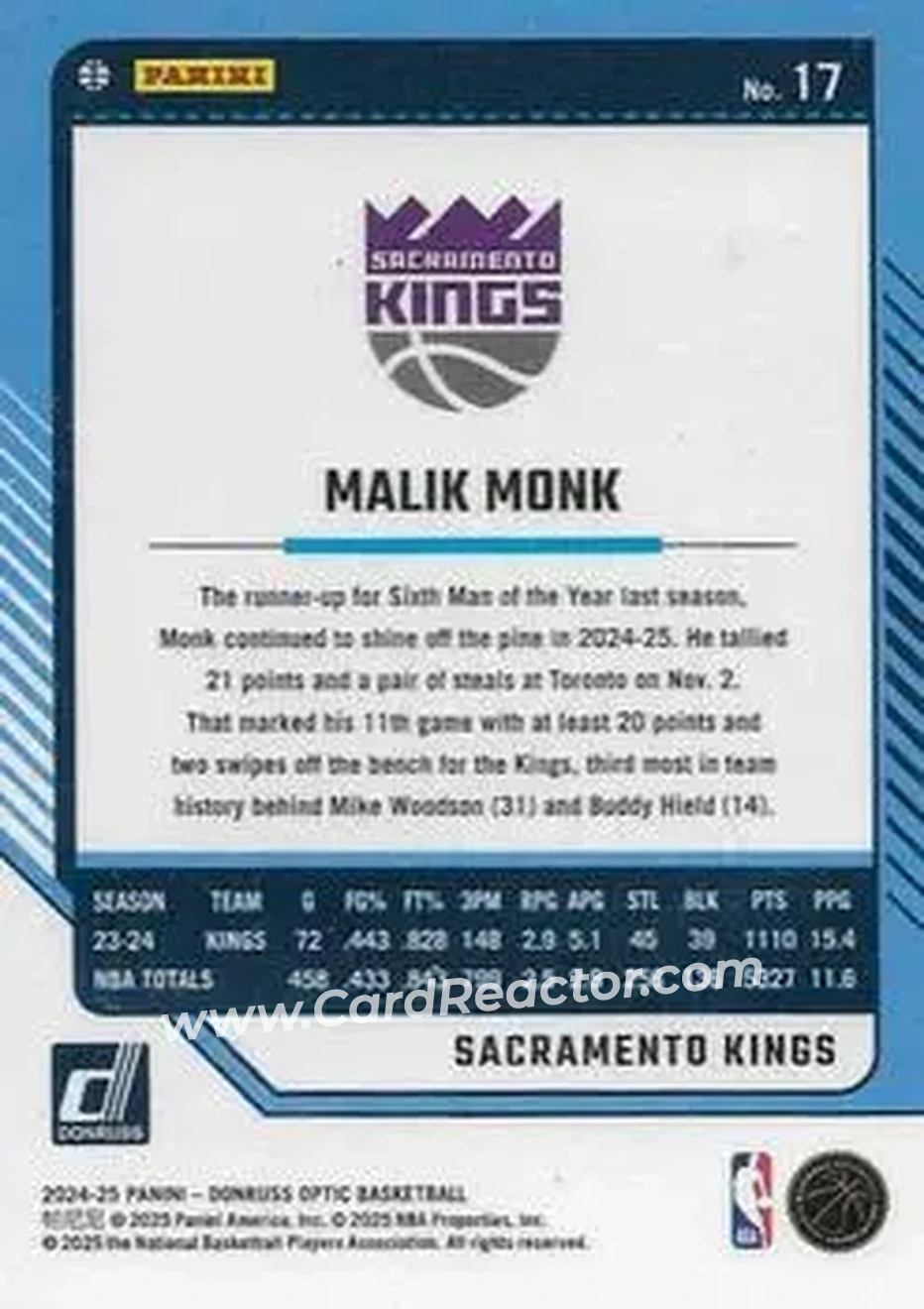2024-25 Donruss Optic #17 - Malik Monk - Sacramento Kings - Back