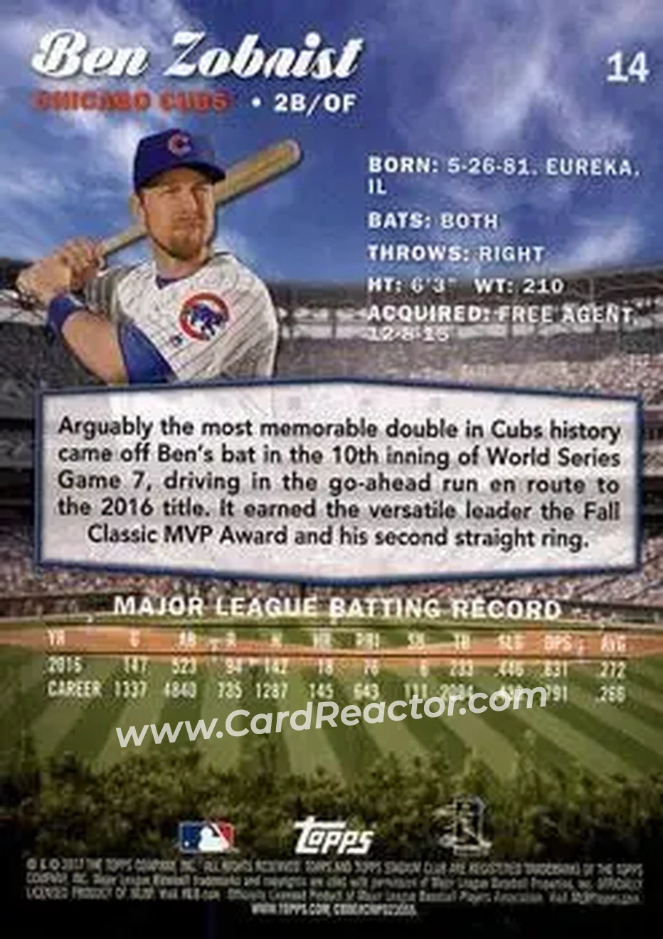 2017 Stadium Club #14b - Ben Zobrist - Chicago Cubs - Back