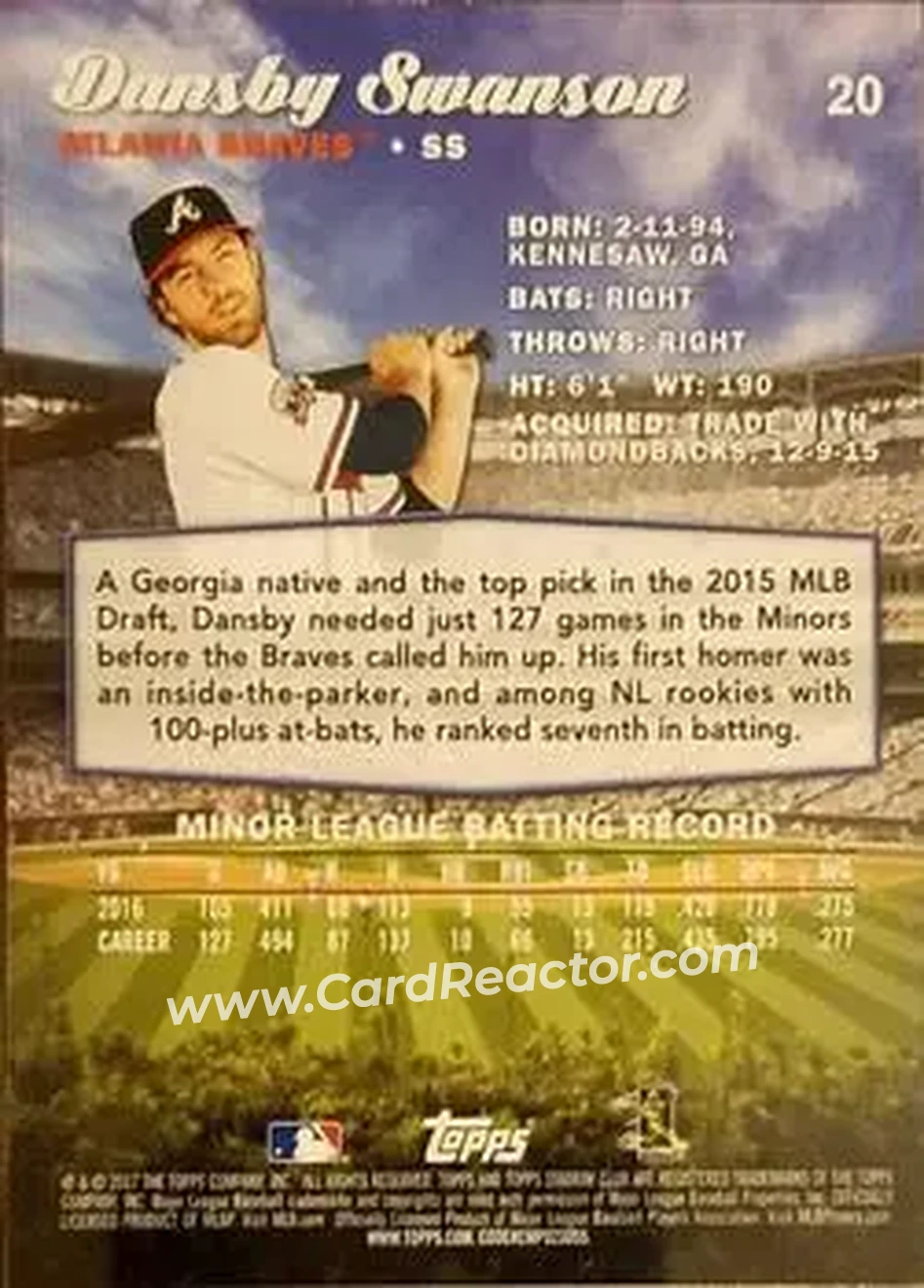 2017 Stadium Club #20b - Dansby Swanson - Atlanta Braves - Back