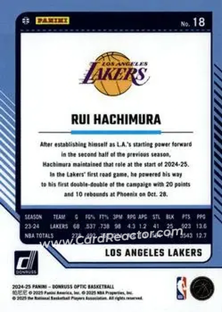 2024-25 Donruss Optic #18 - Rui Hachimura - Los Angeles Lakers - Back 2024-25 Donruss Optic #18 - Rui Hachimura - Los Angeles Lakers - Back