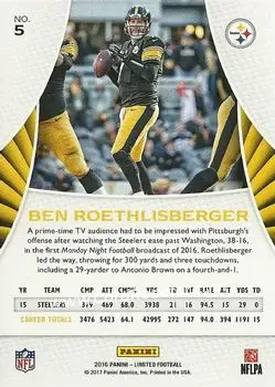 2016 Panini Limited #5 - Ben Roethlisberger - Pittsburgh Steelers - Back