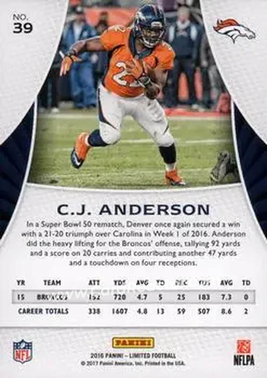 2016 Panini Limited #39 - C.J. Anderson - Denver Broncos - Back