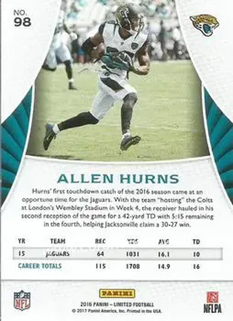 2016 Panini Limited #98 - Allen Hurns - Jacksonville Jaguars - Back