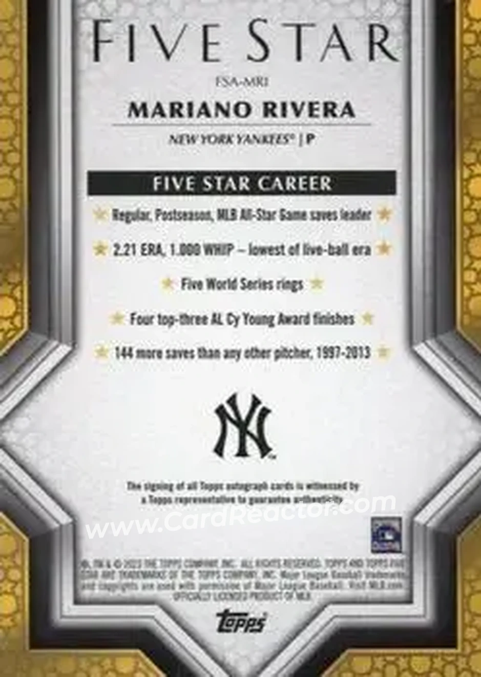 2023 Topps Five Star - Purple #FSA-MRI - Mariano Rivera - New York Yankees - Back 2023 Topps Five Star - Purple #FSA-MRI - Mariano Rivera - New York Yankees - Back