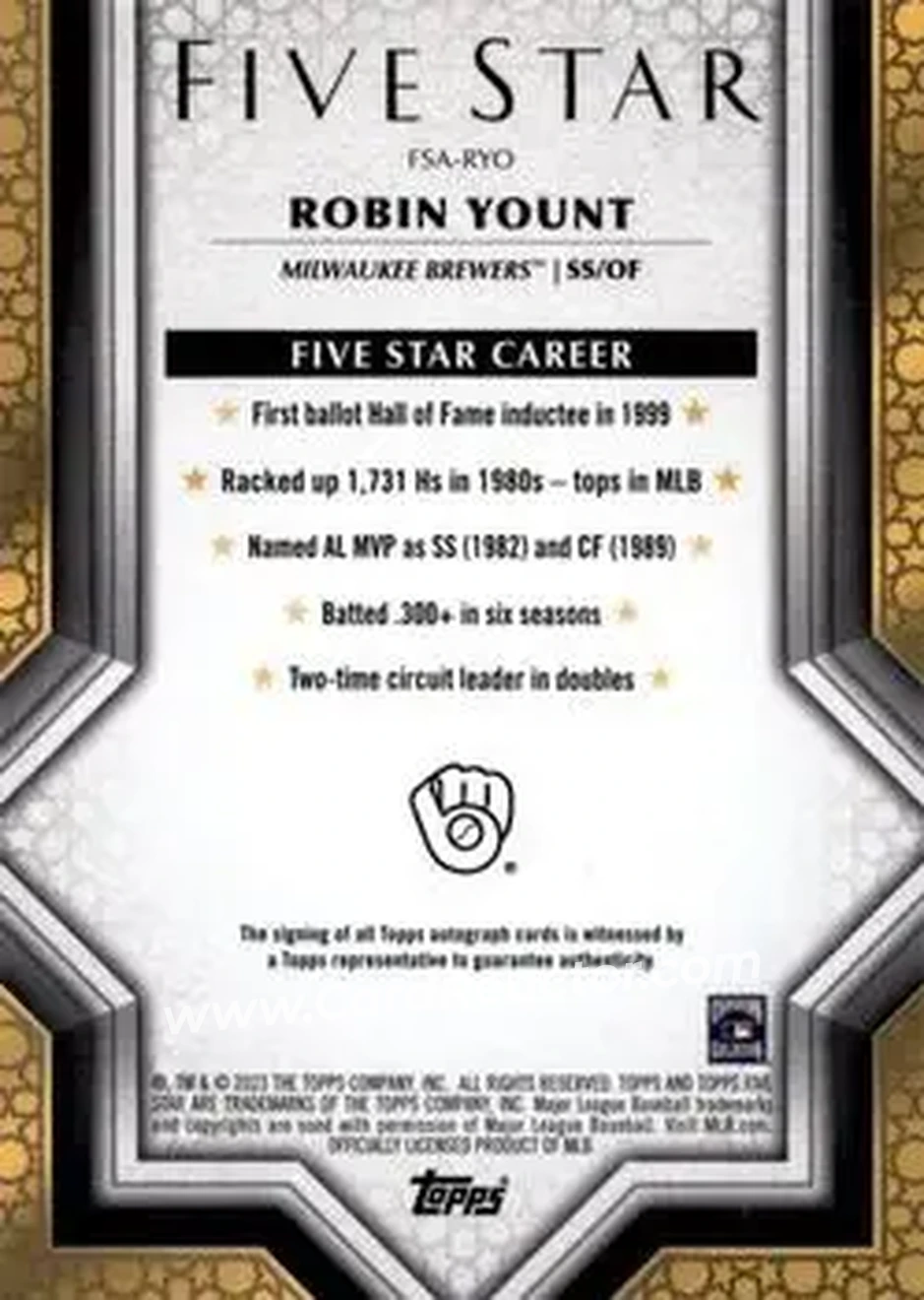 2023 Topps Five Star - Purple #FSA-RYO - Robin Yount - Milwaukee Brewers - Back