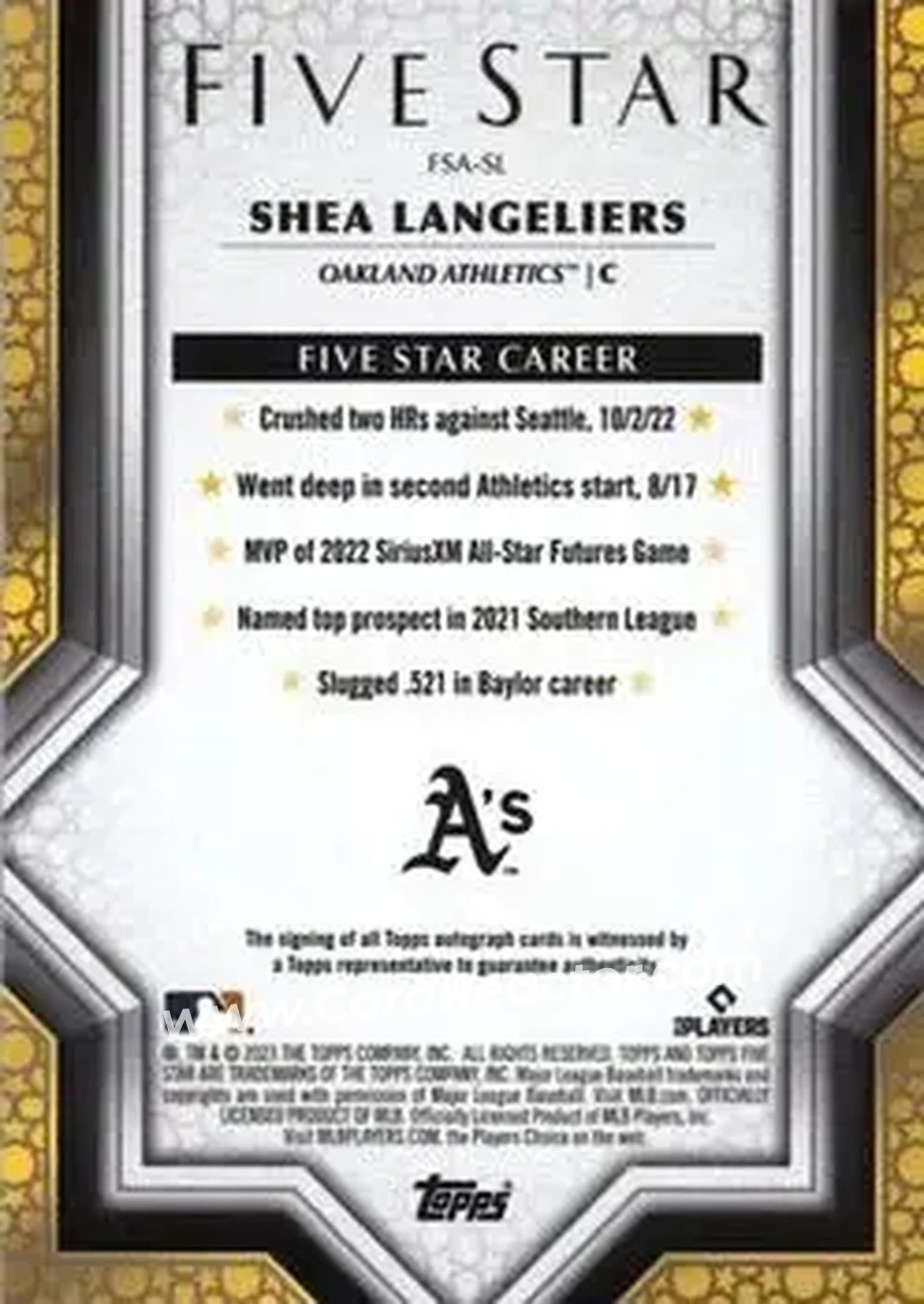 2023 Topps Five Star - Purple #FSA-SL - Shea Langeliers - Oakland Athletics - Back