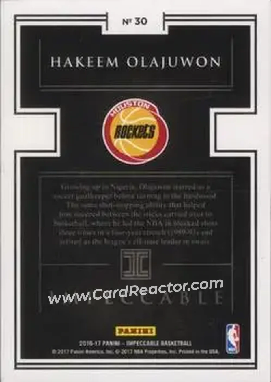 2016-17 Panini Impeccable - Silver NBA Logo #30 - Hakeem Olajuwon - Houston Rockets - Back