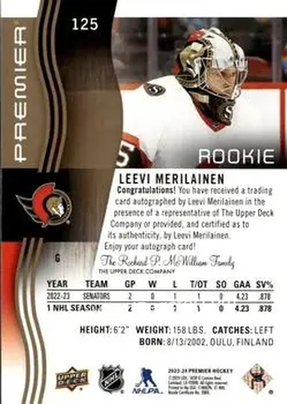 2023-24 Upper Deck Premier - Auto Gold #125 - Leevi Merilainen - Ottawa Senators - Back