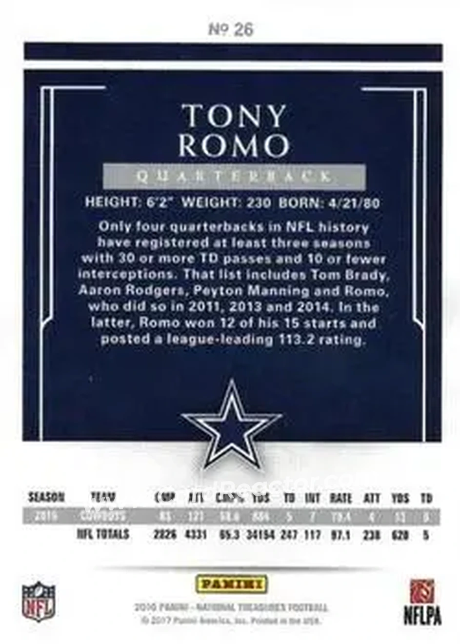 2016 Panini National Treasures #26 - Tony Romo - Dallas Cowboys - Back