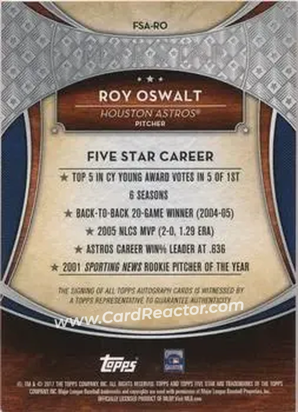 2017 Topps Five Star - Base Autograph Orange #FSA-RO - Roy Oswalt - Houston Astros - Back