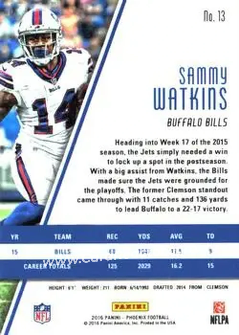 2016 Panini Phoenix #13 - Sammy Watkins - Buffalo Bills - Back