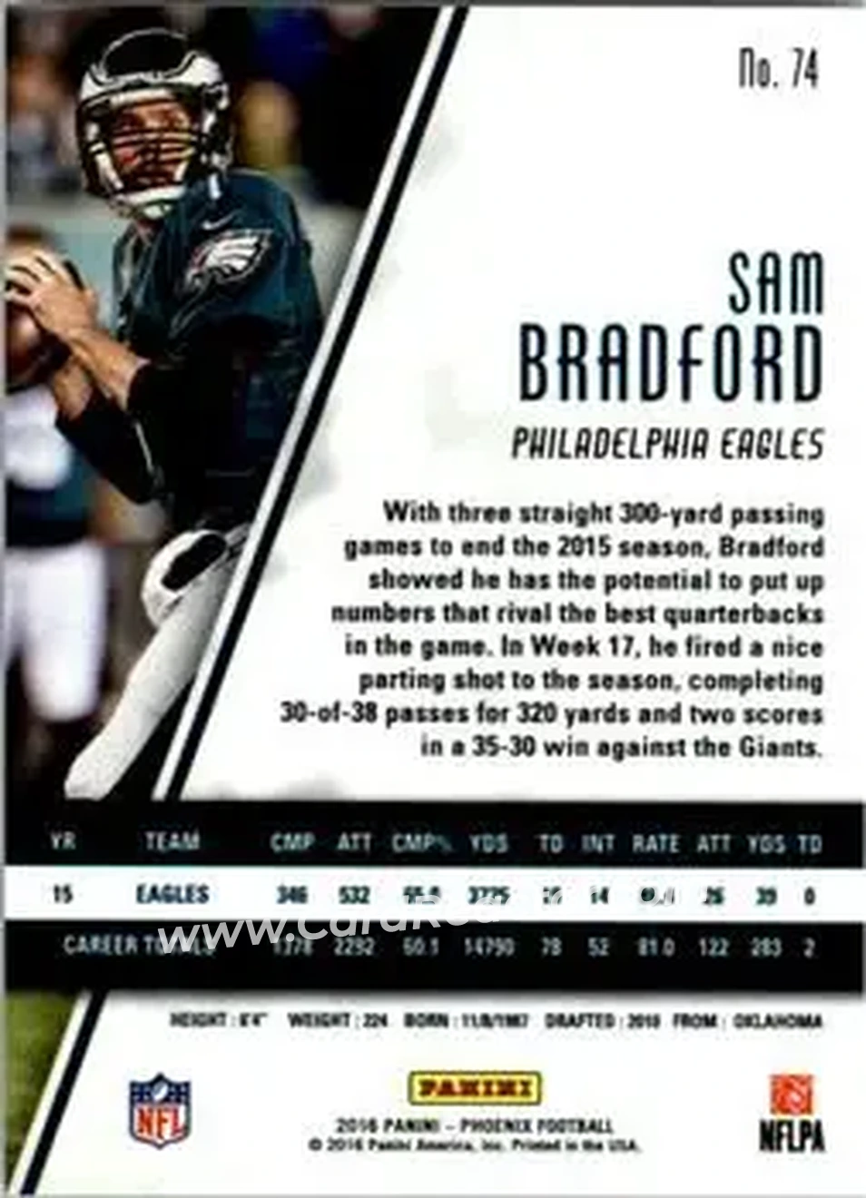 2016 Panini Phoenix #74 - Sam Bradford - Philadelphia Eagles - Back
