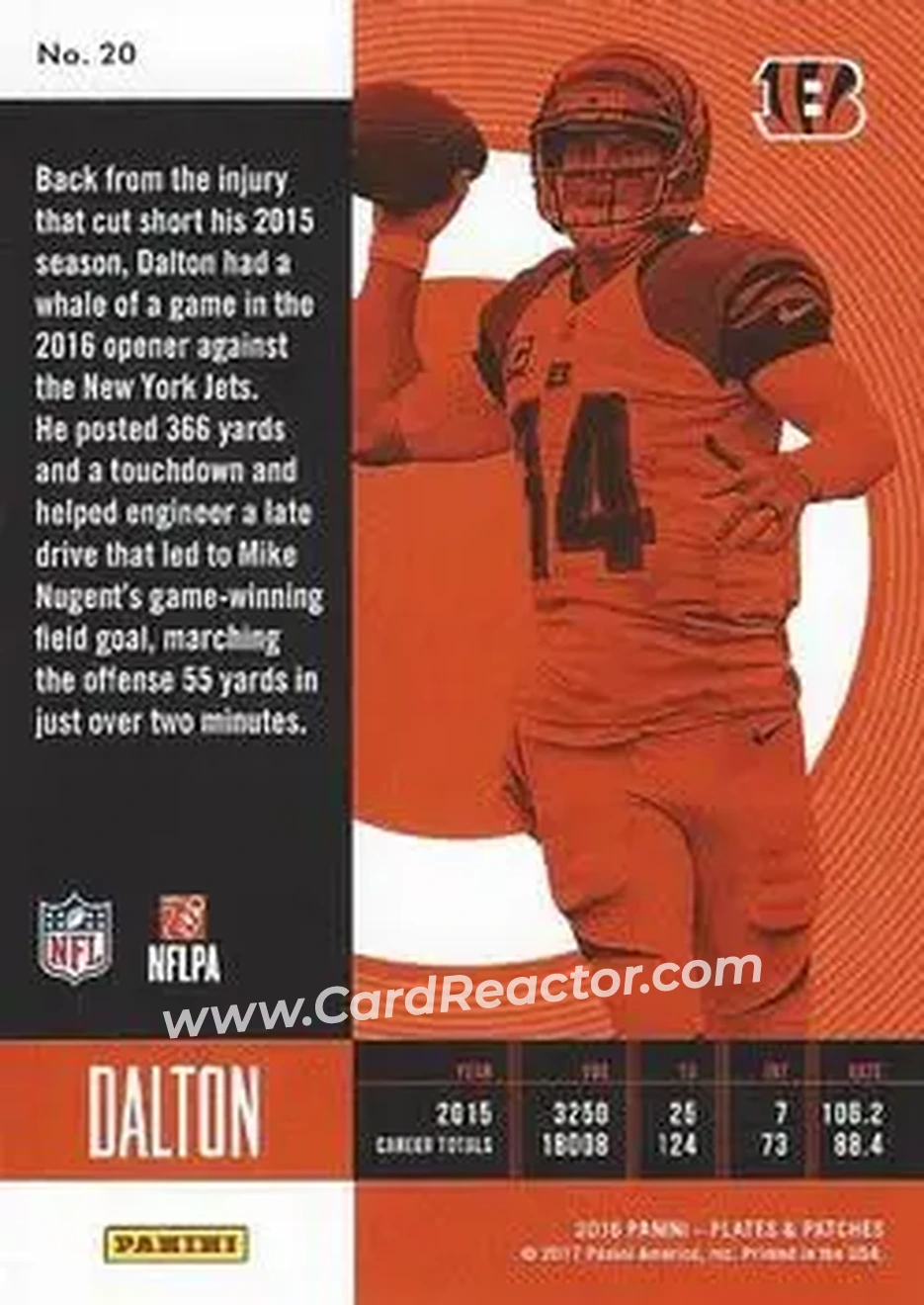 2016 Panini Plates & Patches #20 - Andy Dalton - Cincinnati Bengals - Back