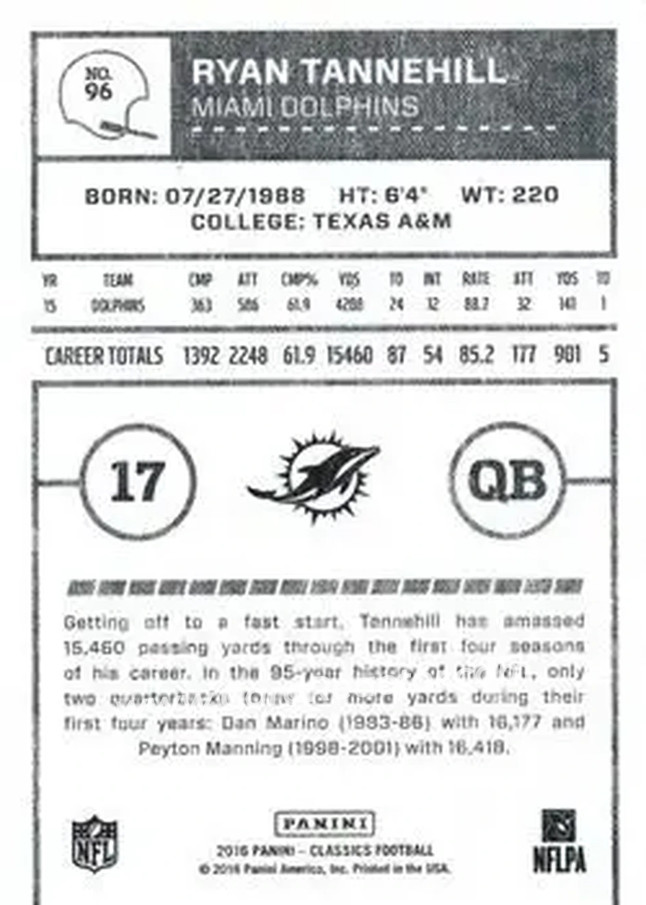 2016 Panini Classics #96 - Ryan Tannehill - Miami Dolphins - Back