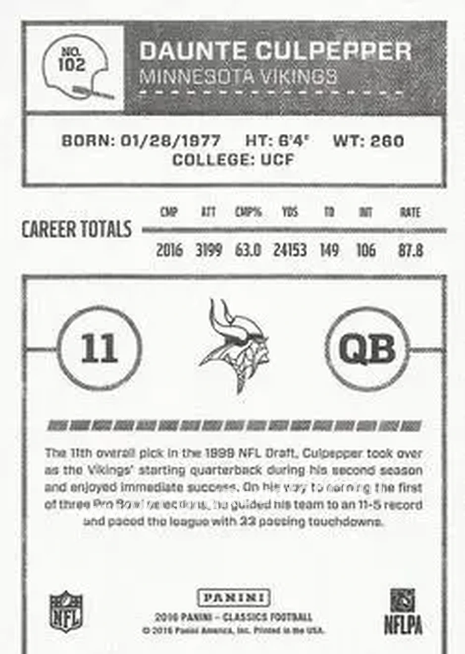 2016 Panini Classics #102 - Daunte Culpepper - Minnesota Vikings - Back